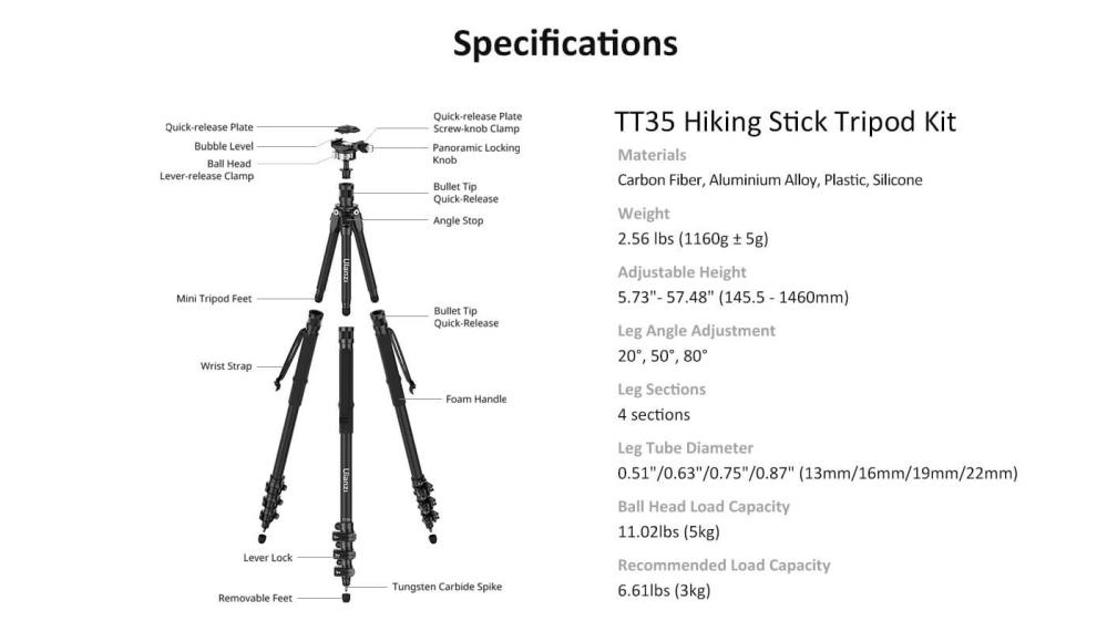 Ulanzi Ulanzi TT35 Kamerastativ 5i1-Kit Stativsett for turstav karbonfiber