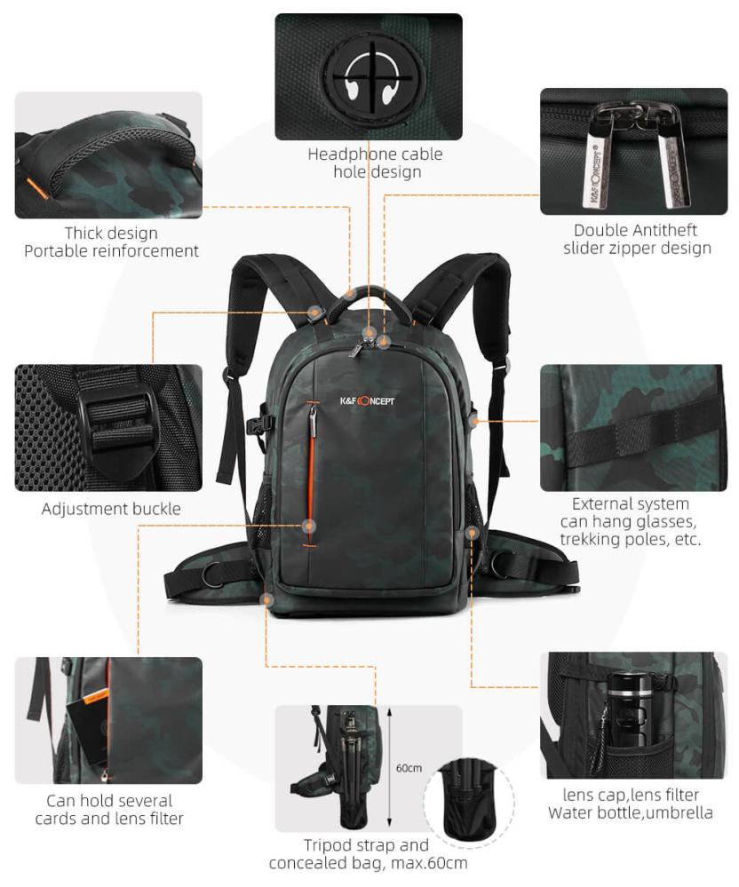 K&F Concept K&f concept kameraryggsekk med stor kameraförvaring ipx4