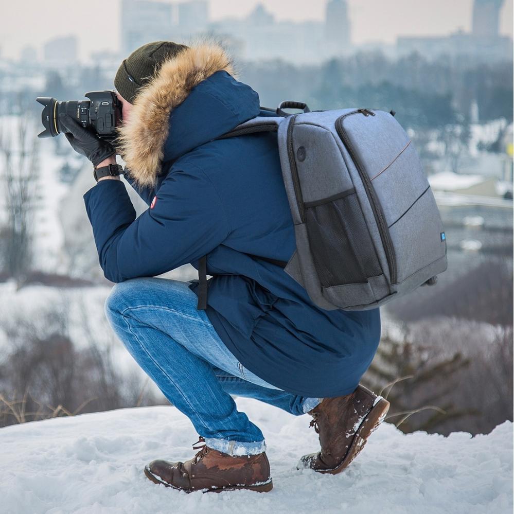 Puluz Puluz Kameraryggsekk grå med regndeksel for 1st dslr + 3-6st objektiv 26l