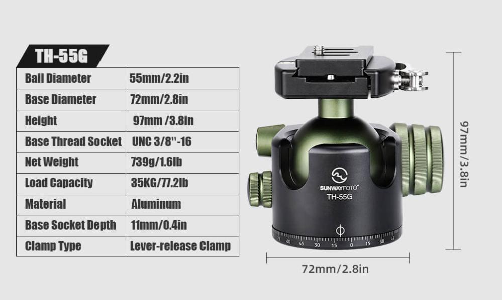 Sunwayfoto Sunwayfoto TH-55G kulehode lavprofil klarar høy belastning