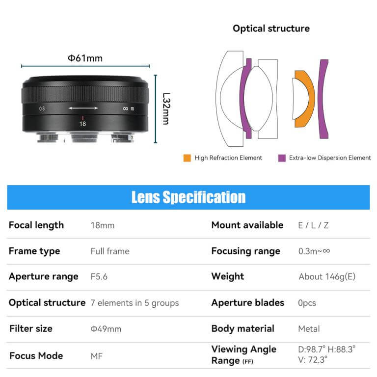 7Artisans 7Artisans 18mm f/5.6 objektiv for Sony E Fullformat