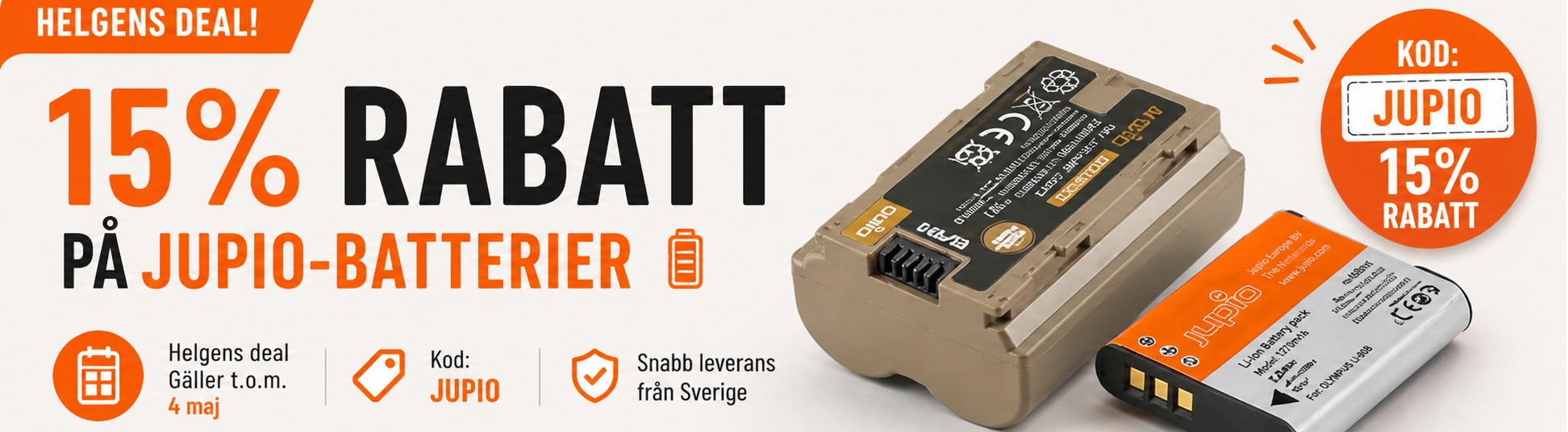 15% rabatt p&aring; Jupio-batterier