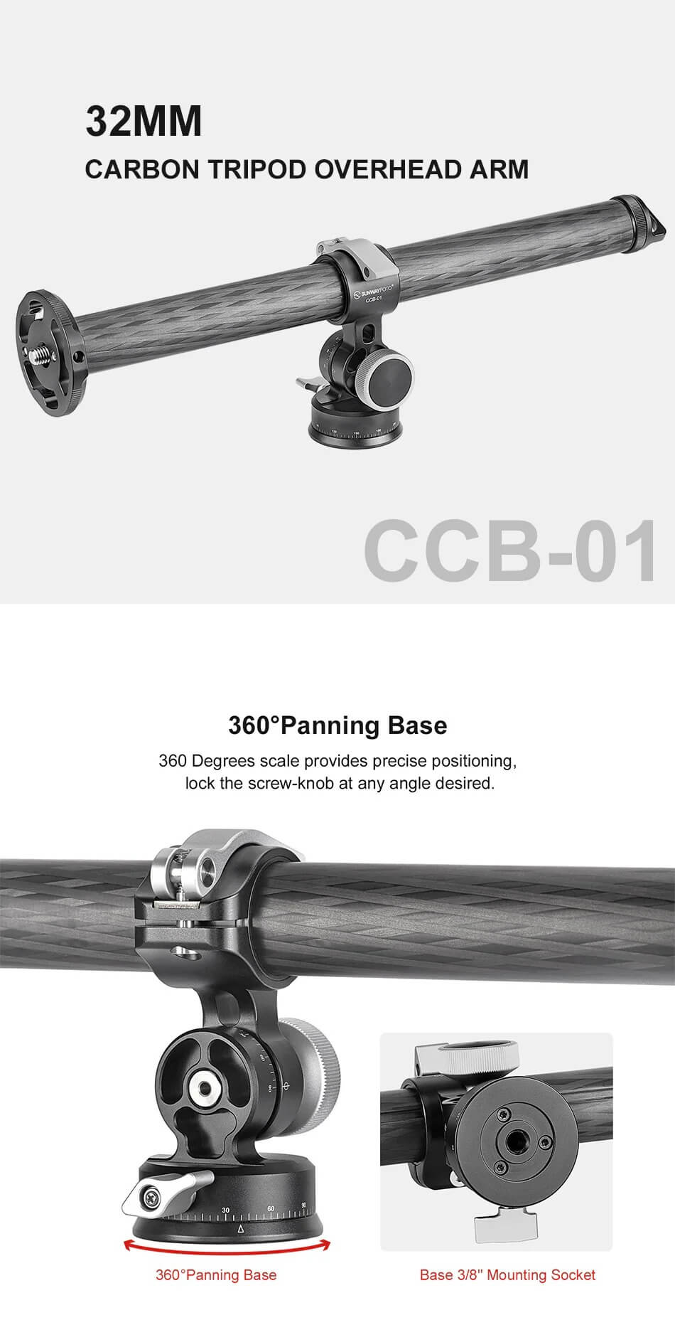 Sunwayfoto Sunwayfoto CCB-01 midtsøyle 360° roterbar av karbonfiber med to-veis hode