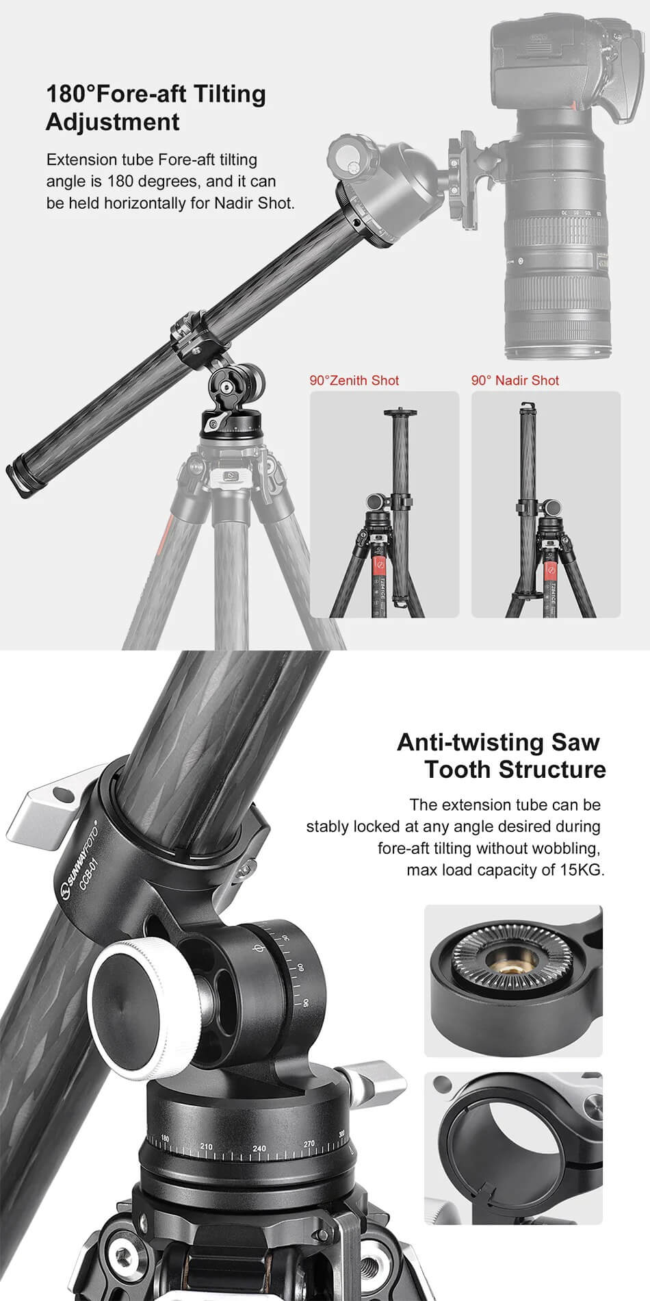 Sunwayfoto Sunwayfoto CCB-01 midtsøyle 360° roterbar av karbonfiber med to-veis hode