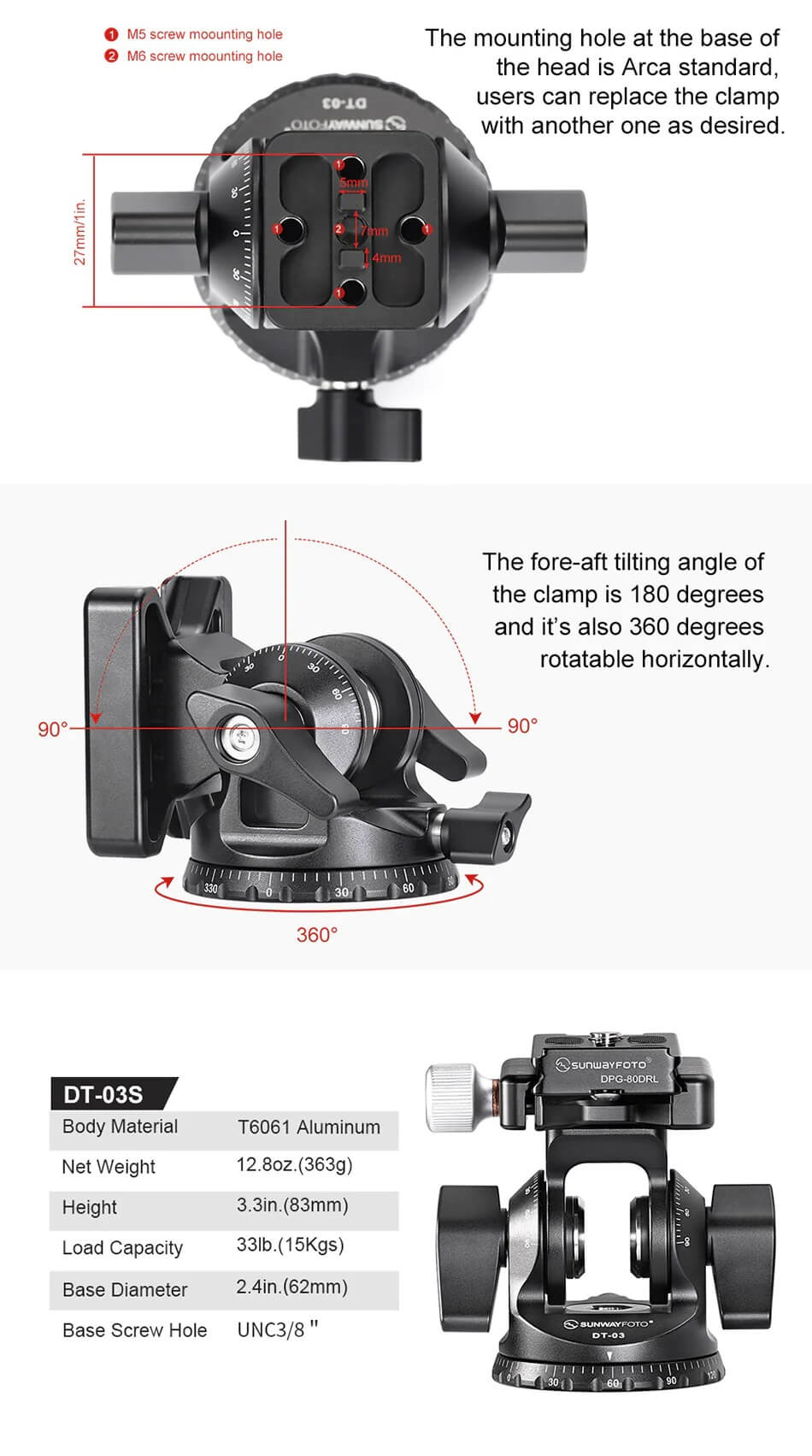 Sunwayfoto Sunwayfoto DT-03S tilthode med panorama 15kg