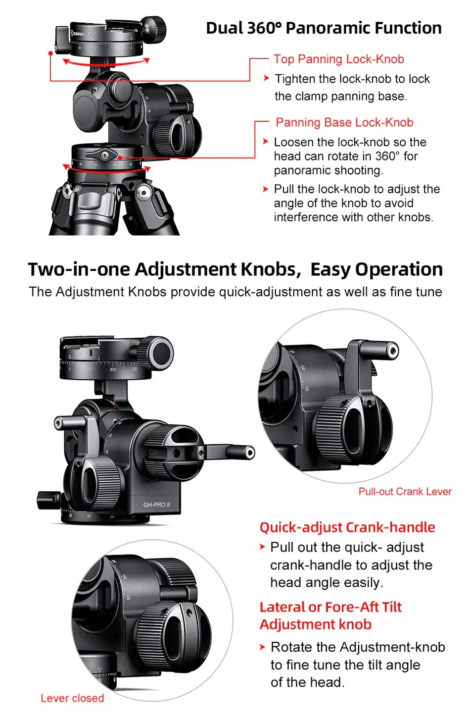 Sunwayfoto Sunwayfoto Geared Head GH-PRO II - giretthode for presis justering