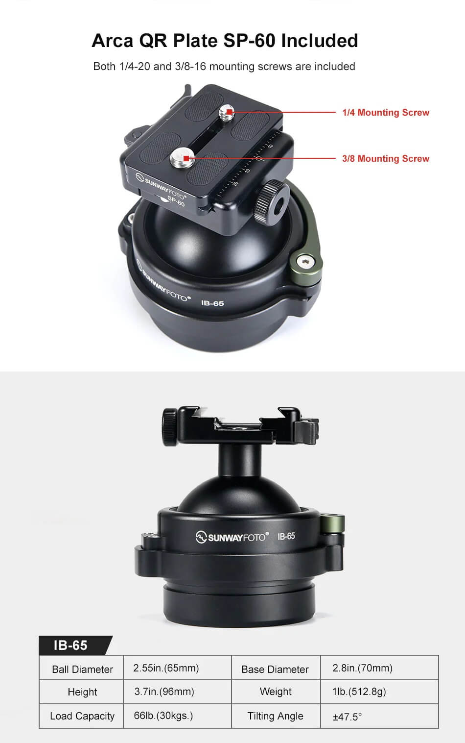 Sunwayfoto Sunwayfoto IB-65 kulehode for Picatinny/Nato-fästen & Arca Swiss