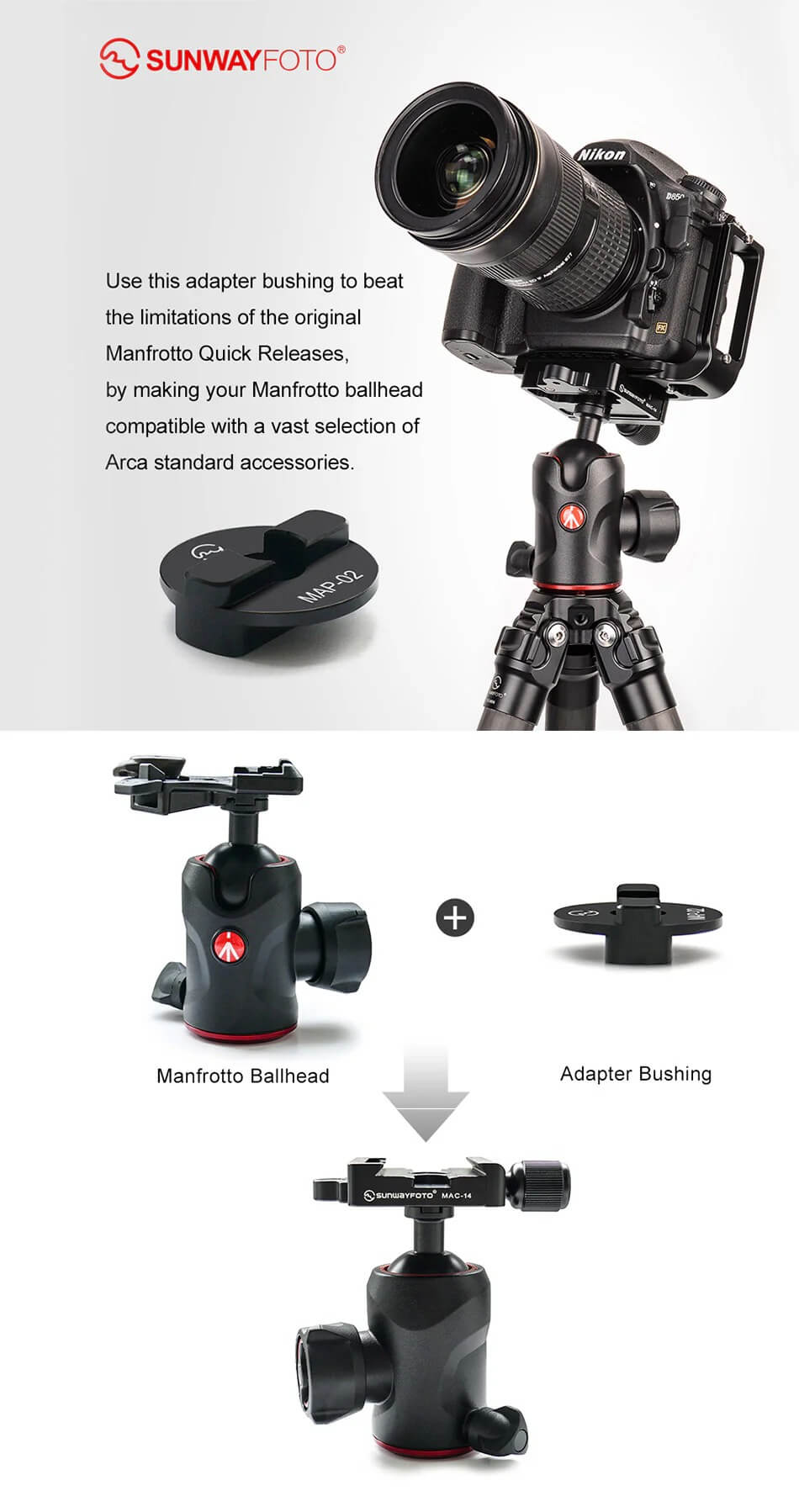 Sunwayfoto Sunwayfoto map-01 adapter som tilpasser Arca Swiss till manfrotto kulleder