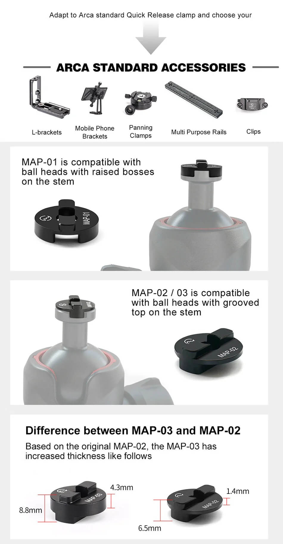 Sunwayfoto Sunwayfoto map-01 adapter som tilpasser Arca Swiss till manfrotto kulleder
