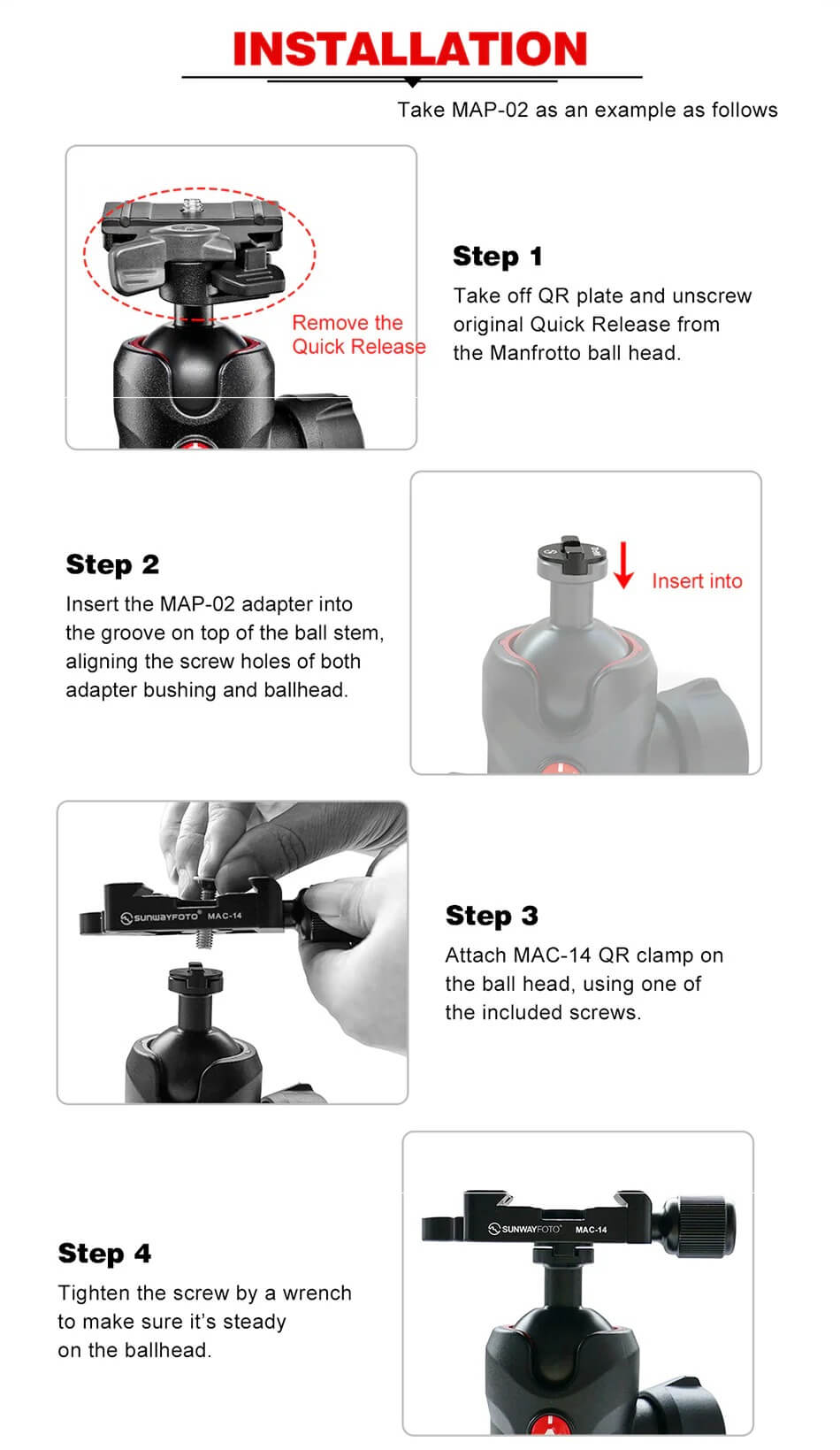 Sunwayfoto Sunwayfoto map-01 adapter som tilpasser Arca Swiss till manfrotto kulleder