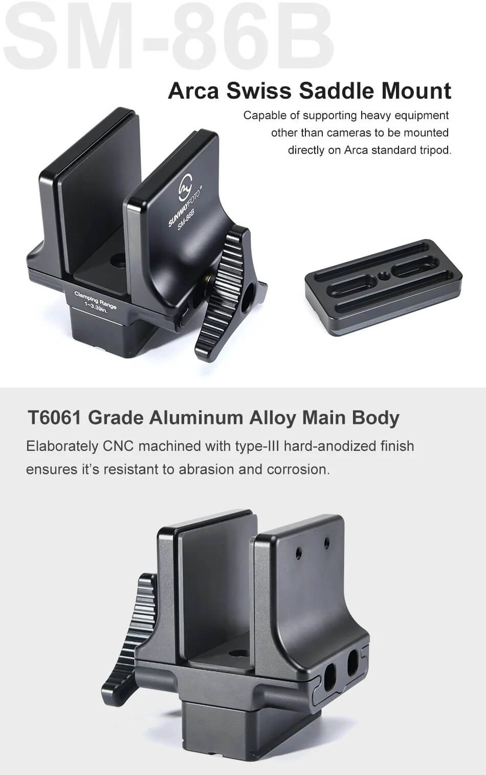 Sunwayfoto Sunwayfoto sm-86b – robust sadelfäste for jakt och Arca Swiss stativ