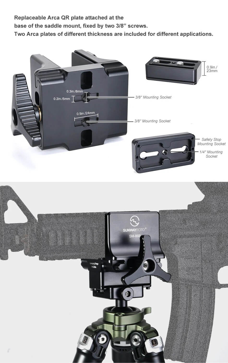 Sunwayfoto Sunwayfoto sm-86b – robust sadelfäste for jakt och Arca Swiss stativ